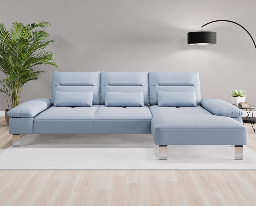 Ecksofa Tokio – Longchair rechts in Feiner Mikrofaserstoff – Taubenblau SOTOL01R-02  S-TBS26  Front.jpg
