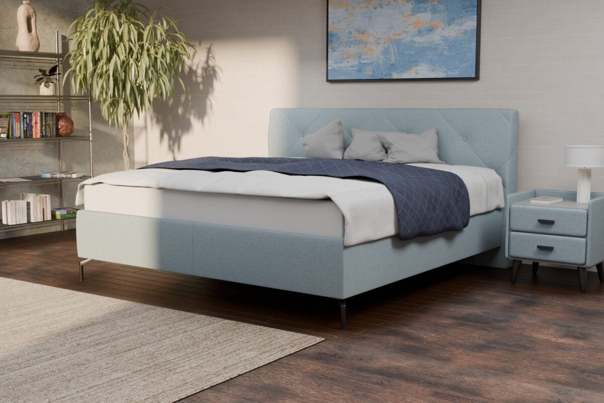 blaues Lattenrostbett mit Stauraum 180×200