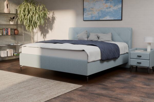 blaues Lattenrostbett mit Stauraum 180×200