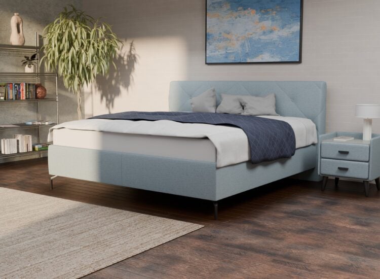 blaues Lattenrostbett mit Stauraum 180×200